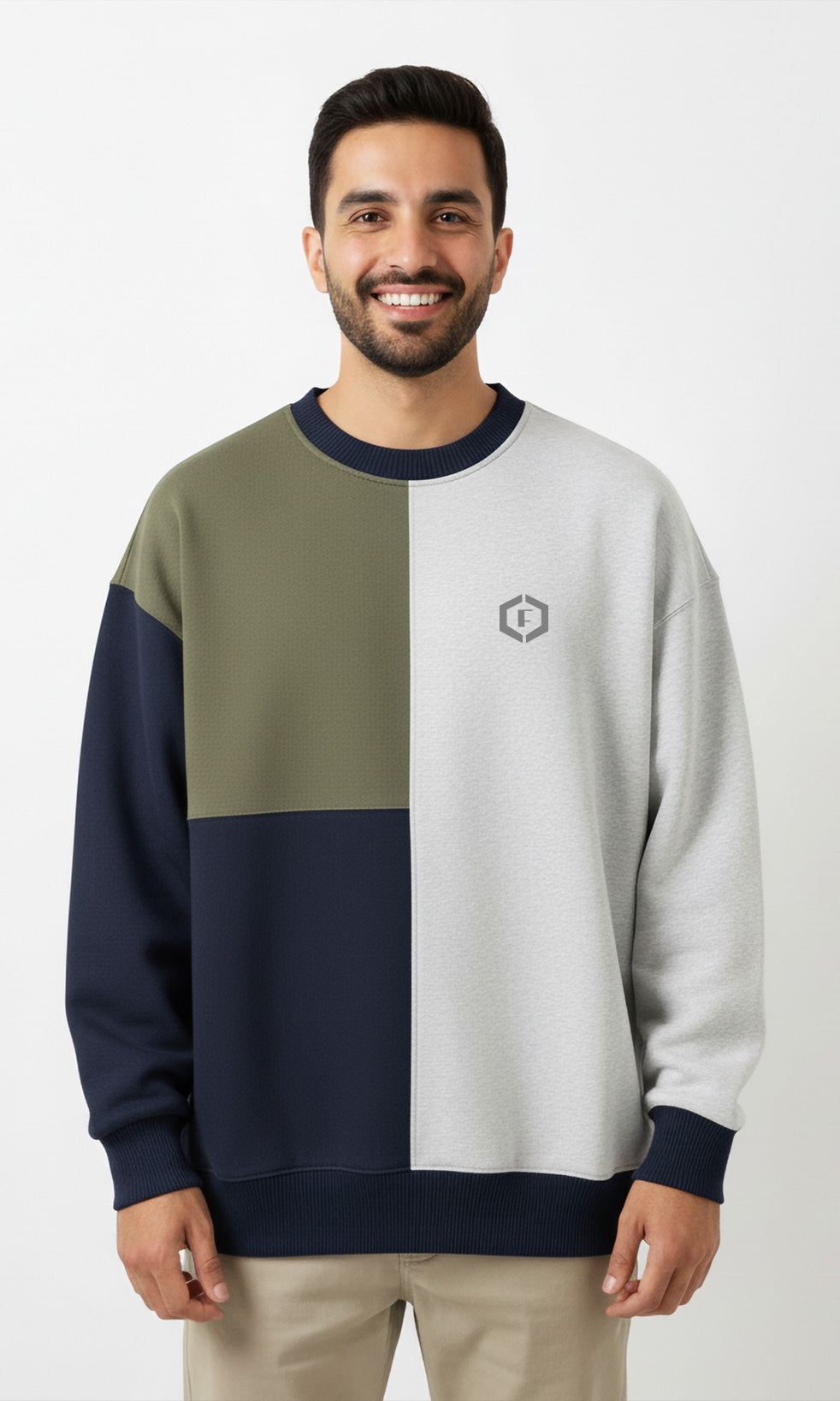 Solid Cotton Blend Mens Oversized Tricolor Sweatshirt- Olive, Navy & White