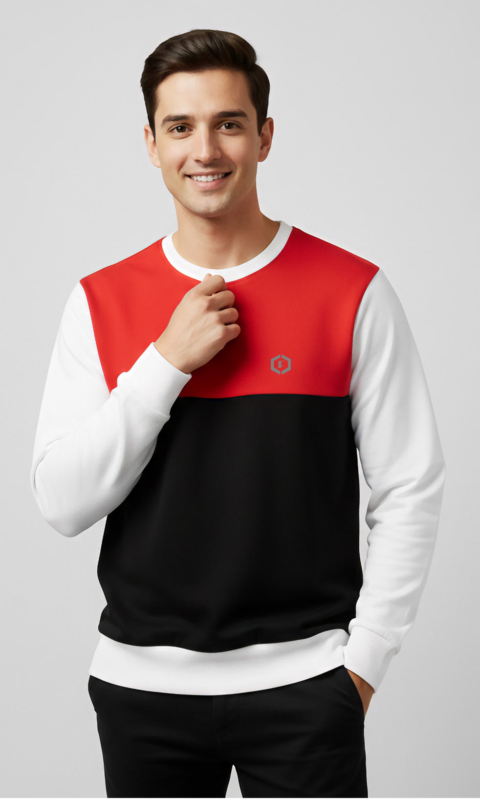 Solid Cotton Blend Mens Horizontal Colorblock Sweatshirt - Red, Black & White