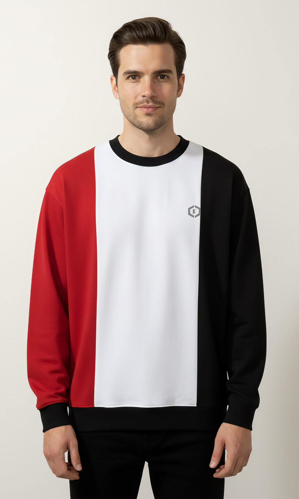 Solid Cotton Blend Mens Vertical Colorblock Sweatshirt - Red, Black & White