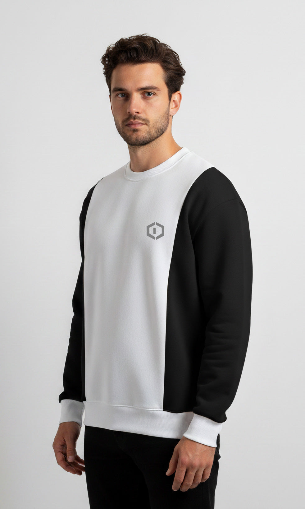 Solid Cotton Blend Mens Oversized Colorblock Sweatshirt- White & Black
