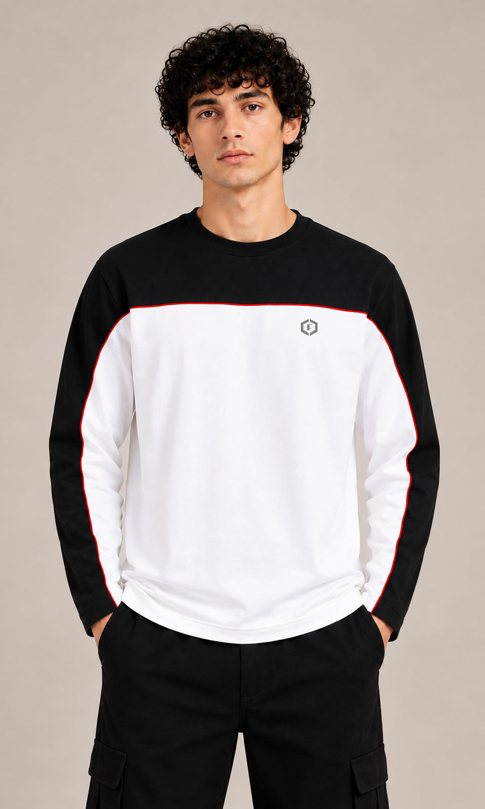 Men’s White & Black Colorblock Oversized Fullsleeves T-Shirt