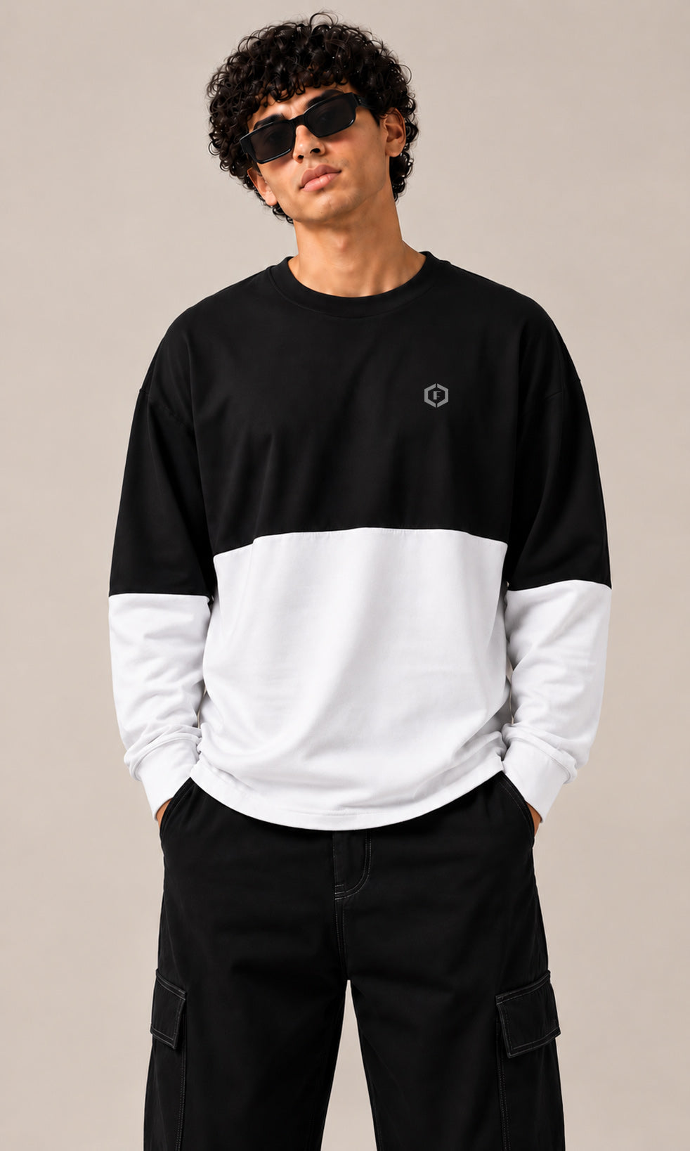 Men’s Black & White Colorblock Oversized Fullsleeves T-shirt