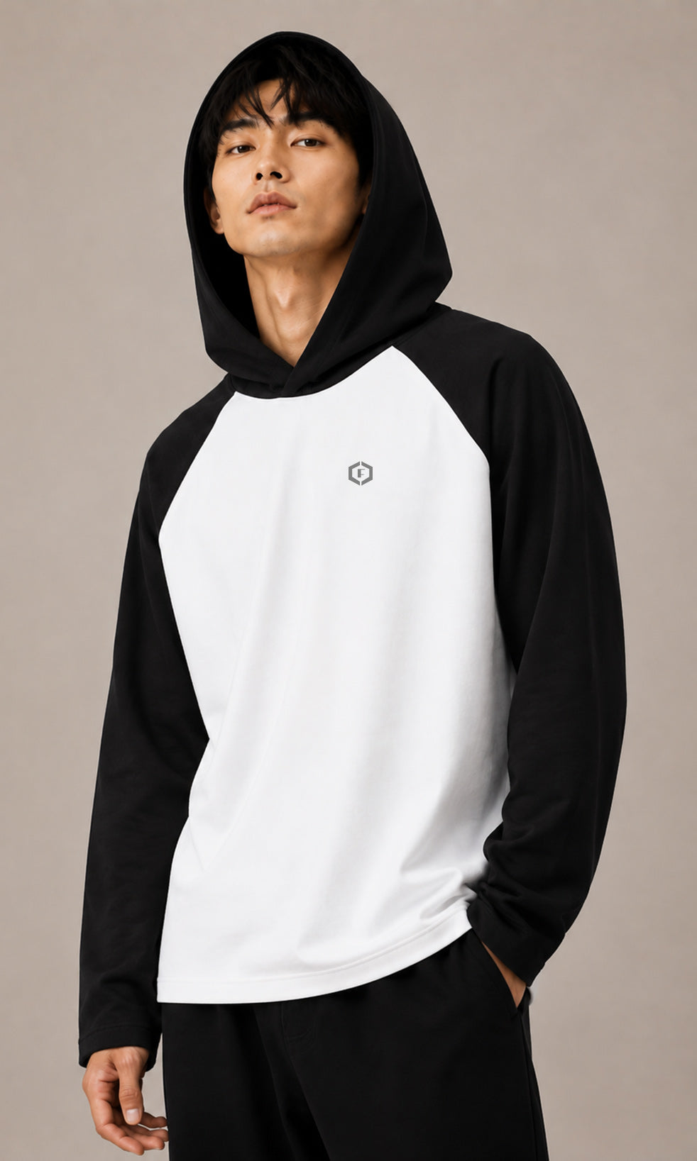 Men’s Black & White Fullsleeves Hooded Neck Oversized T-Shirt