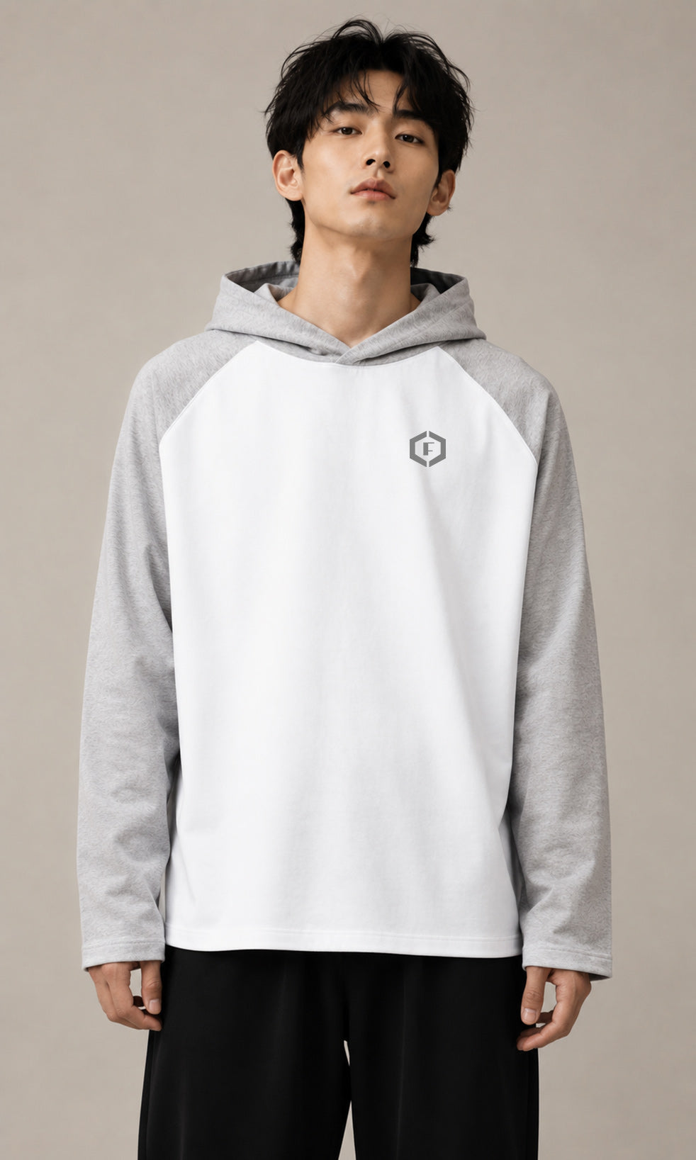 Men’s White & Grey Fullsleeves Hooded Neck Oversized T-Shirt