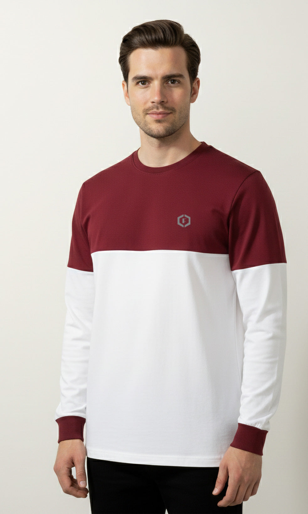 Febue Men’s Wine & White Colorblock Full Sleeve T-Shirt | Regular Fit | Casual Wear