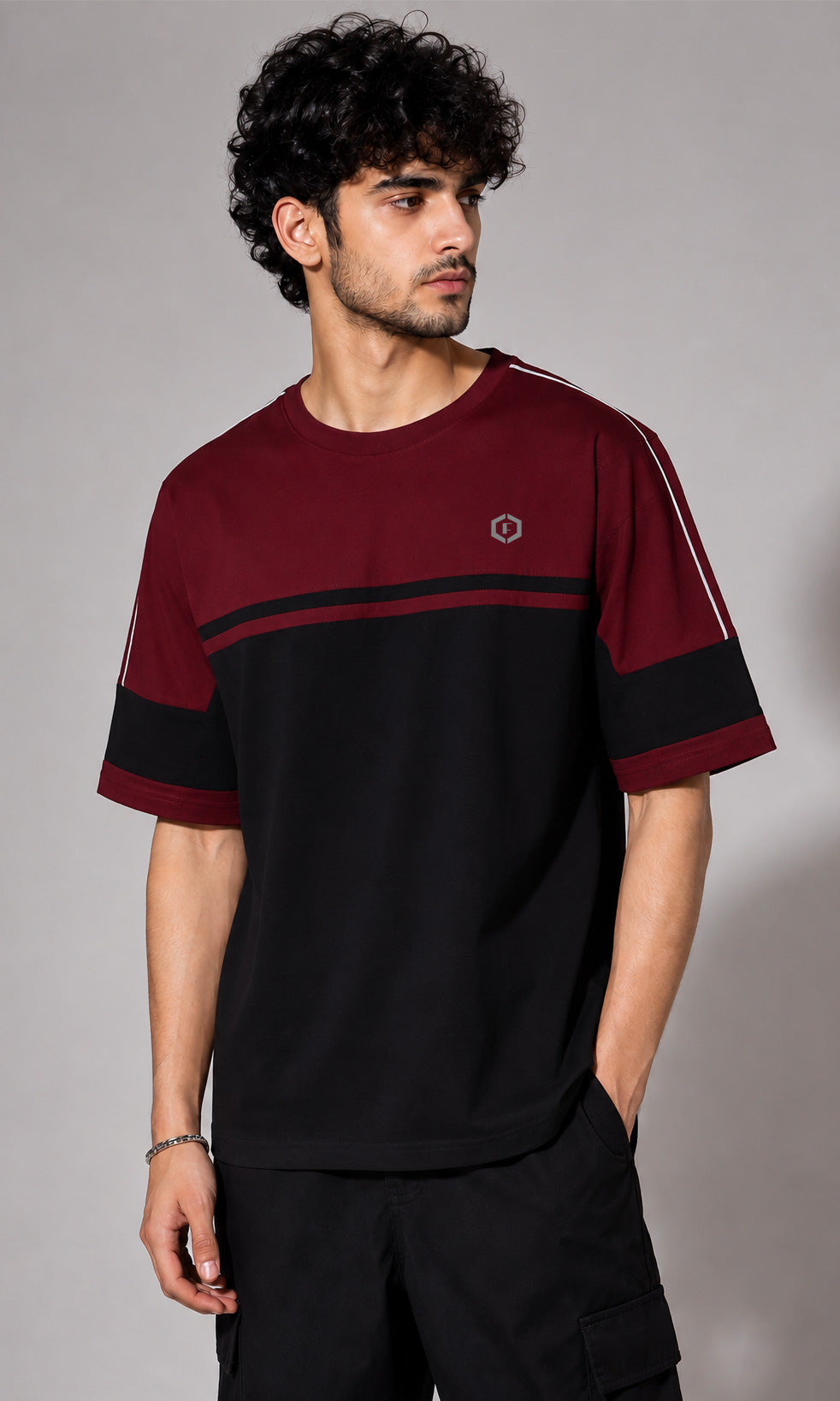 Febue Men's Regular Fit Pipen T-Shirt - Wine & Black Colorblock Streetwear Tee