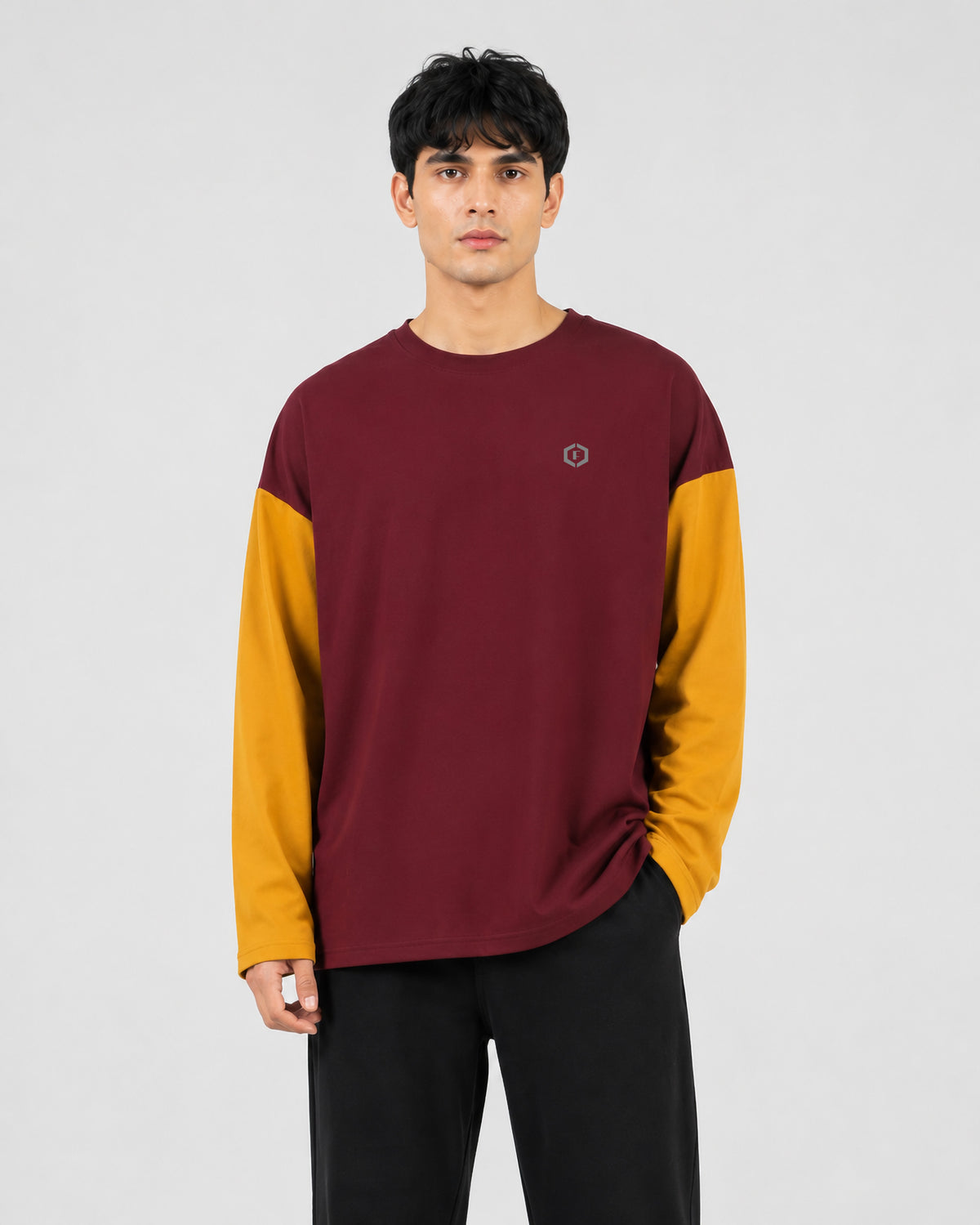 Febue Men's Street Style Colorblock Relaxed Fit T-Shirt – Wine & Mustard Yellow