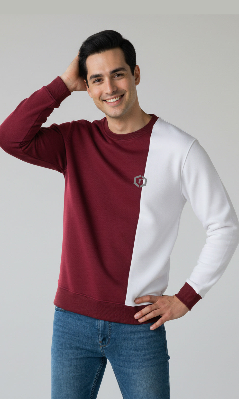 Solid Cotton Blend Mens Relaxed Fit Colorblock Sweatshirt- Wine & White