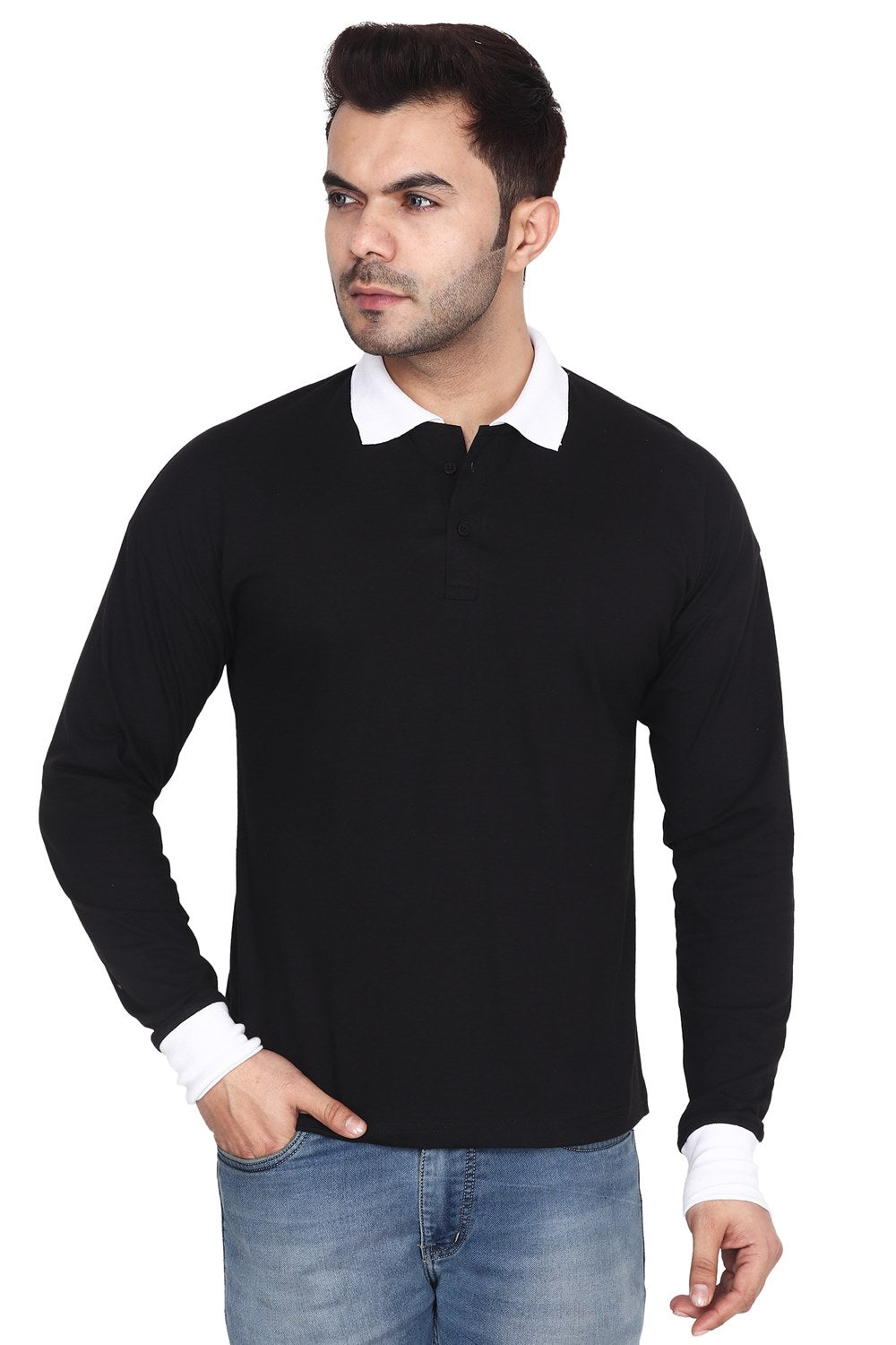 Febue Solid Men Polo Neck Black Full Sleeves T-Shirt With White collar