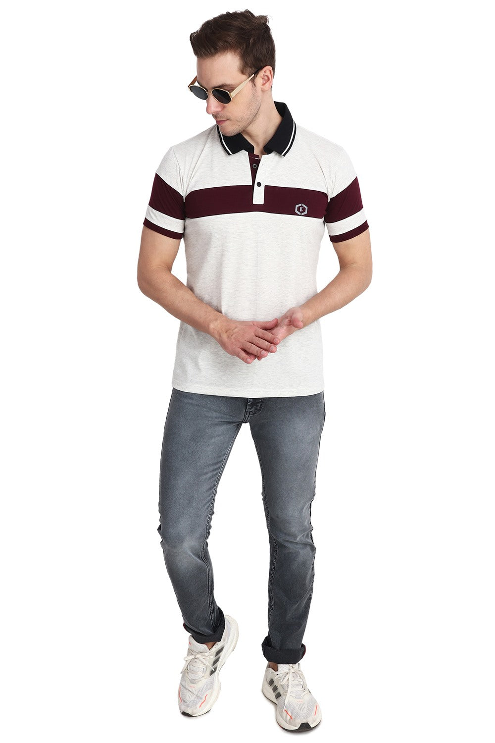 Febue Solid Men Colorblock Polo Neck Light Grey T-shirt with Maroon Patch