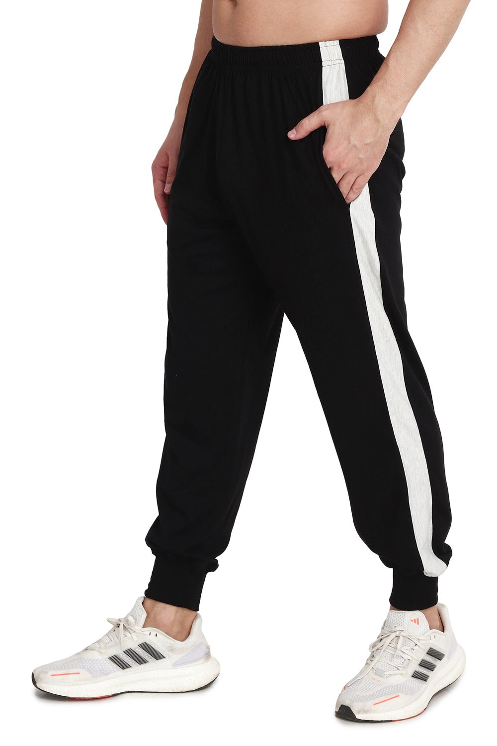Febue Cotton Blend Men's Track Pants Black Bottom Ribbed With Side White Stripe