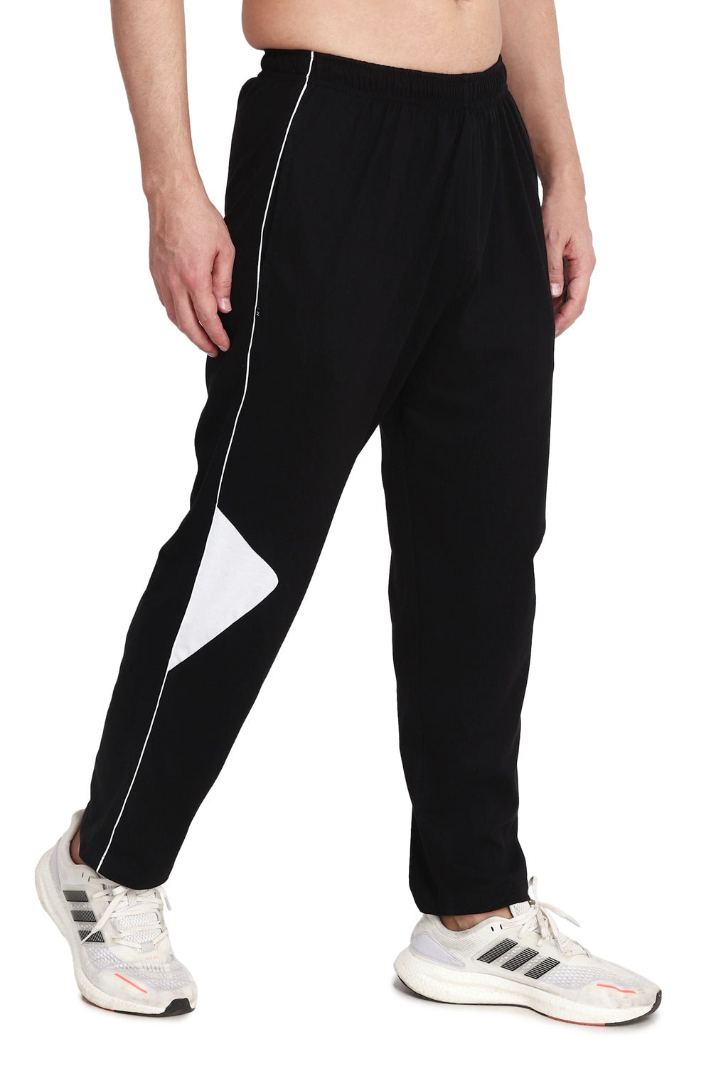 Febue Cotton Blend Men's Track Pants Black With White Pipen & Mid White Patch