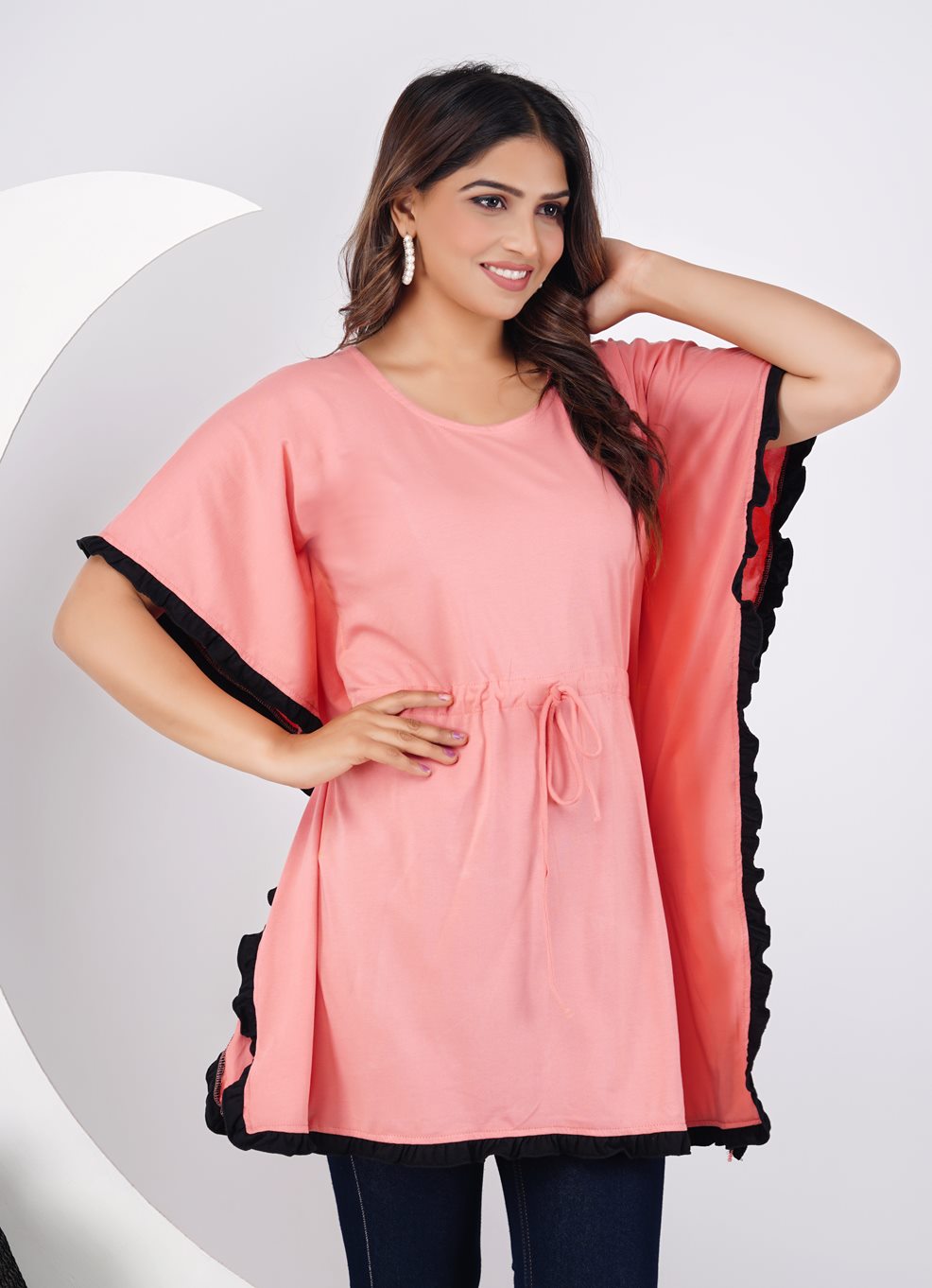 Febue Solid Kaftan Top - Pink & Black (FETK012)