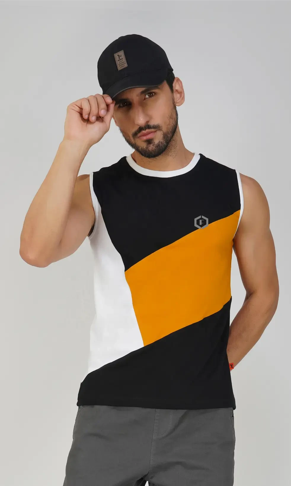 Mens Color-blocked Neck Slit Vest Slant Top Tank - Multicolor