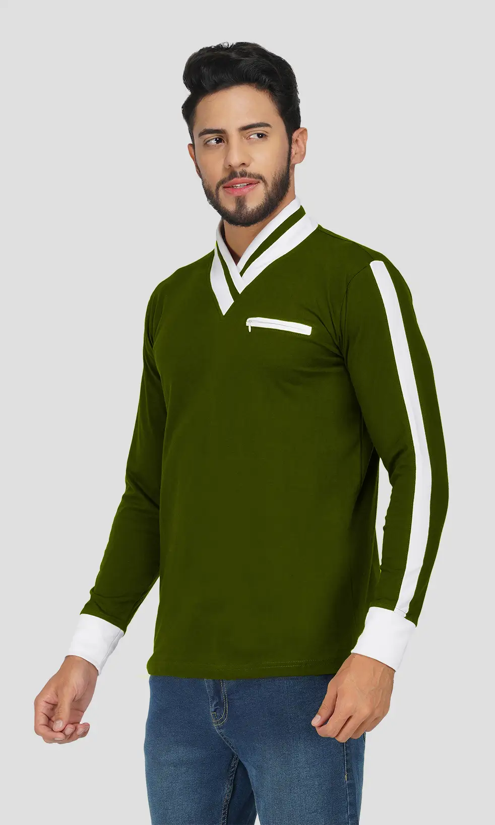 Febue Mens Color-blocked Fullsleeves Mandarin Collar T-shirt - Olive Green & White