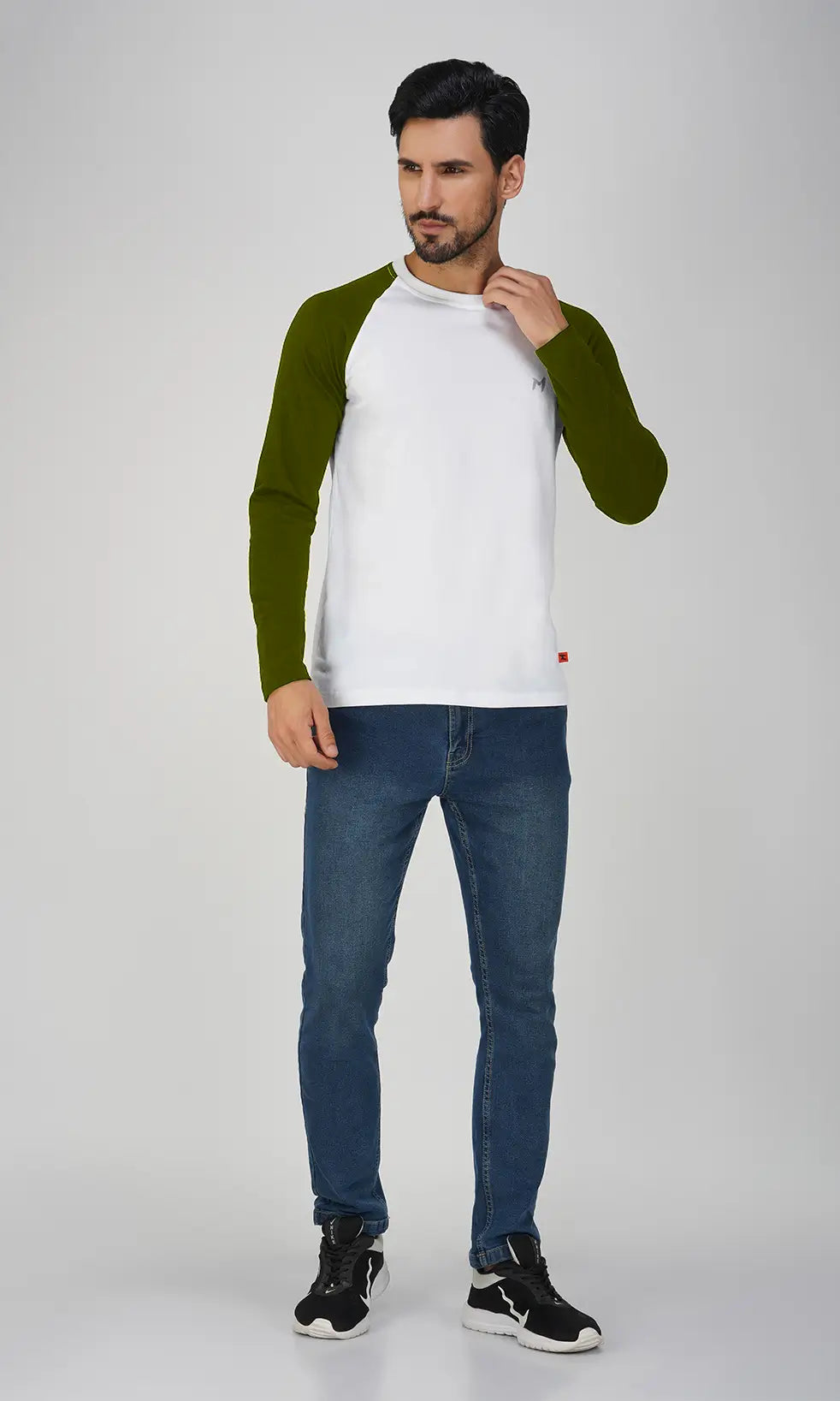 Febue Mens Color-blocked Fullsleeves Raglan T-shirt - White & Olive Green