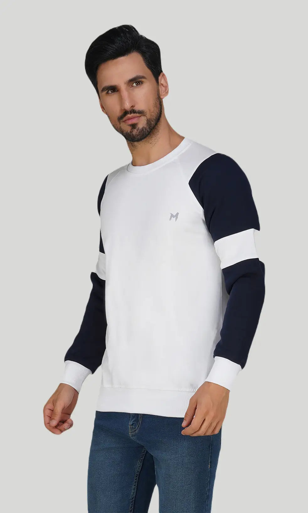 Cotton Men's Winterwear ColorBlocked Sweatshirt - White Navy Arm