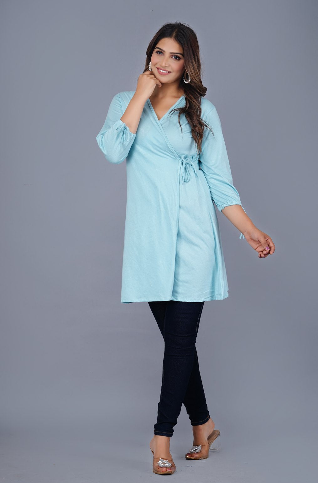 Febue Solid Stylish Long Tops- Light Blue (FETO023)